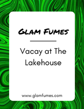 A card with a marbled green and white design and the text 'Glam Fumes Vacay At The Lakehouse' perfume and body oil.
